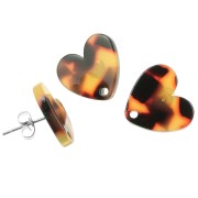 14x15.5mm acetate heart earstuds - Tortoiseshell - Brown Black x2