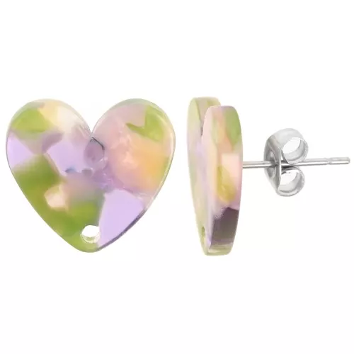 14x15.5mm acetate heart earstuds - Tortoiseshell - Green Violet x2