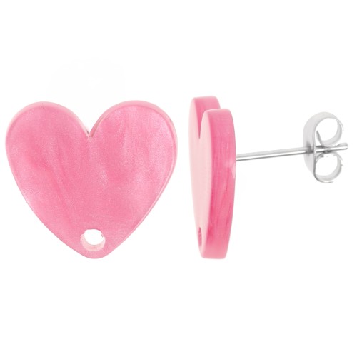 14x15.5mm acrylic heart earstuds - Pink Pearl x2
