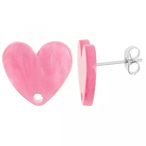 14x15.5mm acrylic heart earstuds - Pink Pearl x2