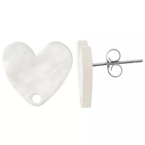 14x15.5mm acrylic heart earstuds - Pearlescent white x2