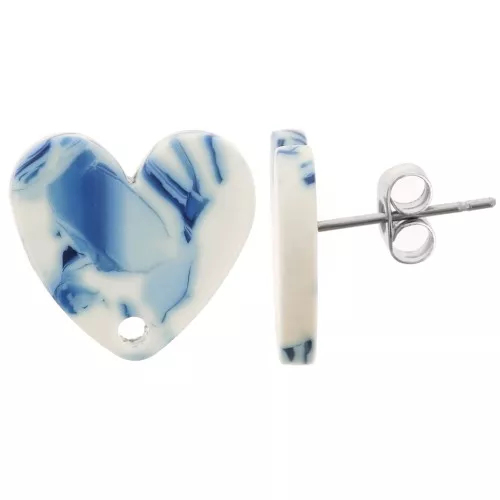 14x15.5mm acrylic heart earstuds - Marbled Blue - White x2