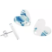 14x15.5mm acrylic heart earstuds - Marbled Blue - White x2