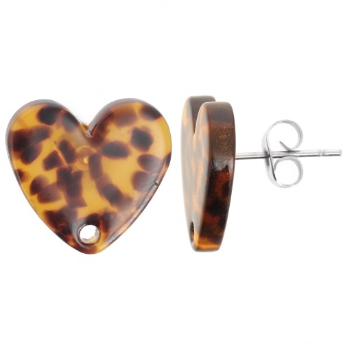 14x15.5mm acetate heart earstuds - Terrazzo Brown - Black x2