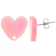 Pink - Acrylic heart earstuds 14x15.5 mm - Pink marbled glitter x2 Acrylic heart earstuds 14x15.5 mm - Pink marbled glitter x2