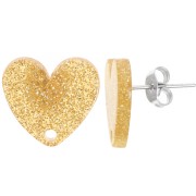 14x15.5mm Acrylic heart earstuds - Golden Glitter x2
