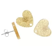 14x15.5mm Acrylic heart earstuds - Golden Glitter x2