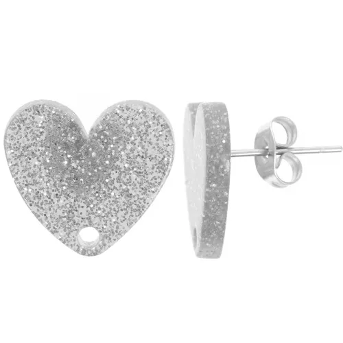 14x15.5mm Acrylic heart earstuds - Silver Glitter x2