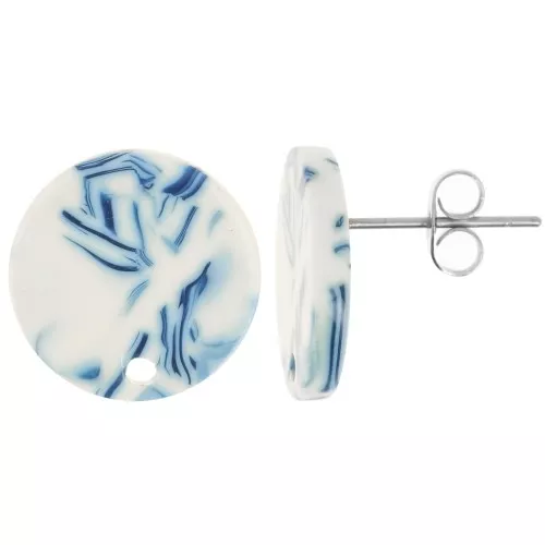 Round 15 mm Acetate Stud Earrings - Marbled Blue - White x2