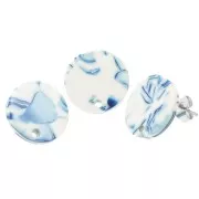 Round 15 mm Acetate Stud Earrings - Marbled Blue - White x2