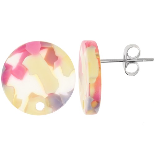 Round 15 mm Acetate Stud Earrings - Terrazzo Vanille - Pastel Pink x2