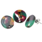 Round 15 mm Acetate Stud Earrings - Tortoiseshell Green - Fuchsia x2