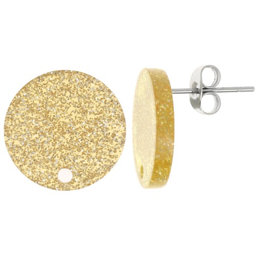 15 mm round acrylic earstuds - Golden Glitter x2