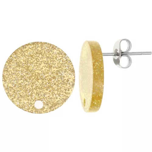 15 mm round acrylic earstuds - Golden Glitter x2