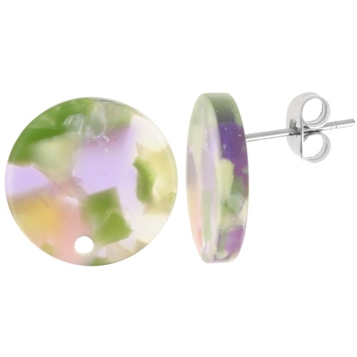 Round 15 mm Acetate Stud Earrings - Tortoiseshell - Violet Green x2