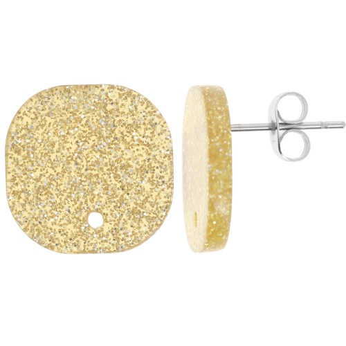 15mm Rounded square acrylic earstuds - Gold glitter x1
