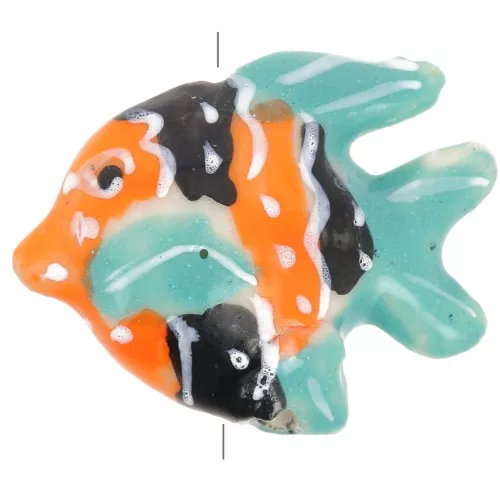 17x22mm Ceramic fish bead - Orange - Blue - Black x1