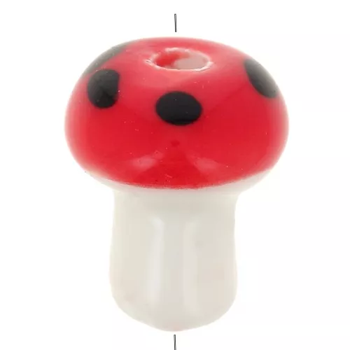 12mm Ceramic mushroom bead - red - white x1