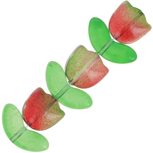 14mm Set of 6 Glass Tulip Beads - Red Flower - Green x1