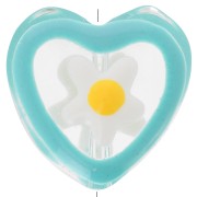 12mm Glass heart bead with flower in epoxy resin - Blue x1