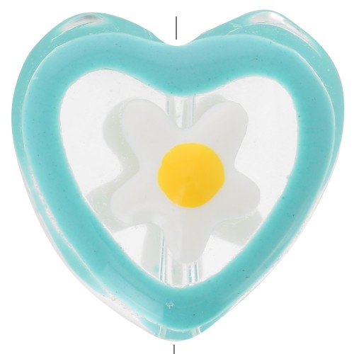 12mm Glass heart bead with flower in epoxy resin - Blue x1