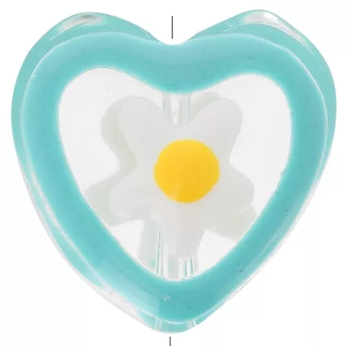 12mm Glass heart bead with flower in epoxy resin - Blue x1
