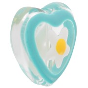 12mm Glass heart bead with flower in epoxy resin - Blue x1