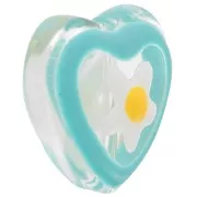 12mm Glass heart bead with flower in epoxy resin - Blue x1