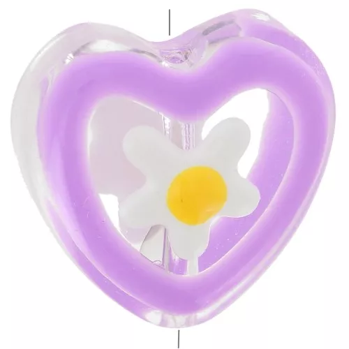 12mm Glass heart bead with flower in epoxy resin - Violet x1