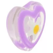 12mm Glass heart bead with flower in epoxy resin - Violet x1