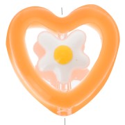 12mm Glass heart bead with flower in epoxy resin - Orange x1