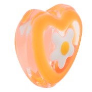 12mm Glass heart bead with flower in epoxy resin - Orange x1