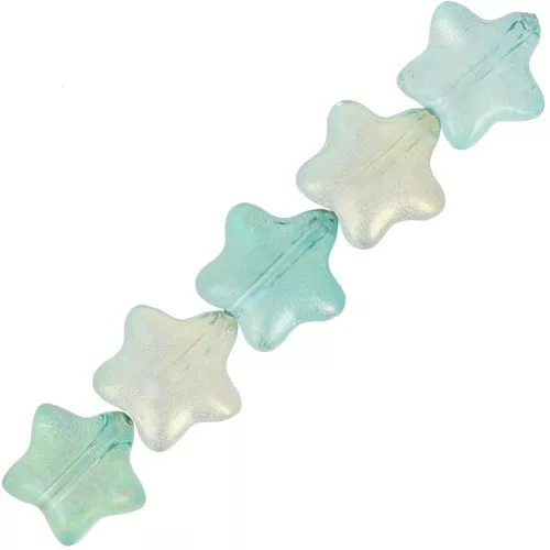 8mm Glass star beads - Turquoise green - Gold glitter x10