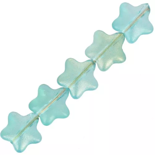 8mm Glass star beads - Turquoise blue - Gold glitter x10