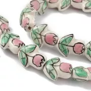 Ceramic Tulip flower bead 16x14.5 mm - White - Pink - Green x1