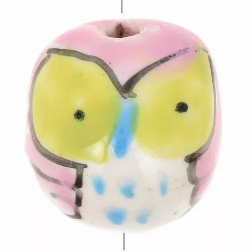 15mm Ceramic owl bead - Pink - Green x1