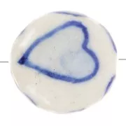 15mm Flat round ceramic heart motif bead - White - Navy blue x1