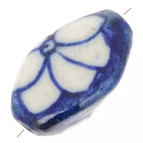 19x11mm Ceramic flower motif oval bead - Navy blue - White x1