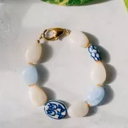 15x10mm Ceramic graphic tube bead - Navy blue - White x1