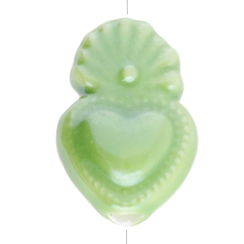 Ceramic Ex-voto Mexican heart bead 15x10.5 mm - Iridescent green x1