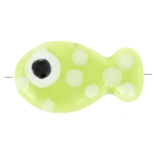 11x19mm Ceramic fish bead - Green with white spots x1