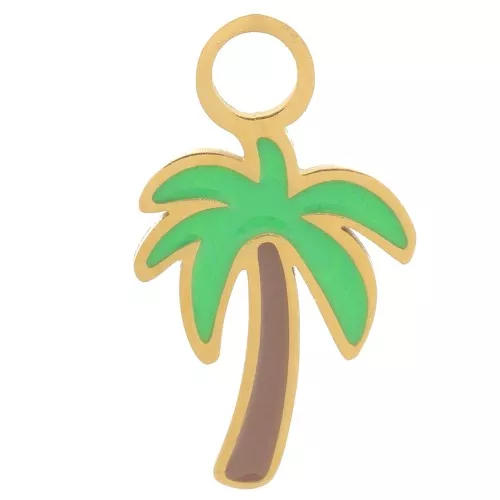 13x7.5mm 316L stainless steel Palm tree charm Epoxy resin - Gold - Green x1