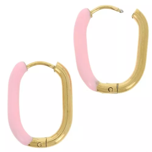 21x15mm 304L st. steel Oval hoop earrings - epoxy resin - Gold - Light pink x2