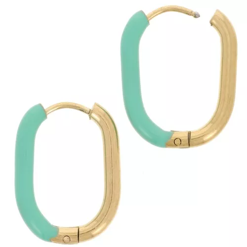 21x15mm 304L st. steel Oval hoop earrings - epoxy resin - Gold- Turquoise Green x2