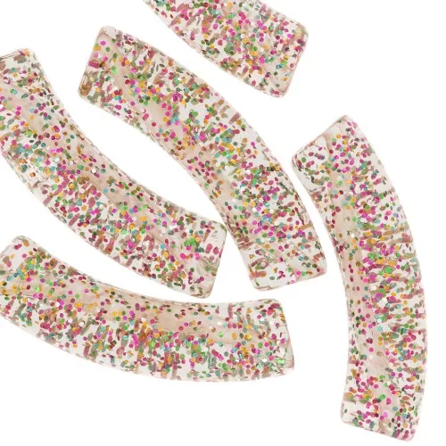 32x8mm Clear Acrylic Curved Tube Beads - Multicolored Glitter Grey x6
