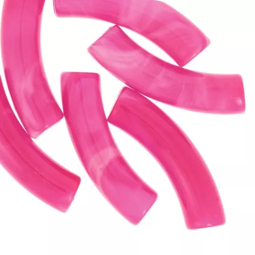 32x8 mm curved tube beads in translucent acrylic - Marbled Fuchsia x6