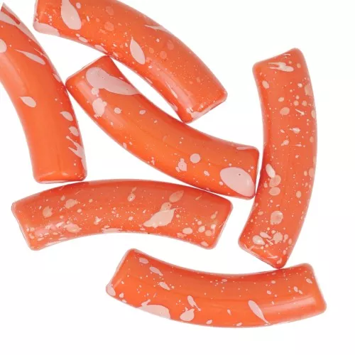 32x8 mm curved tube beads in opaque acrylic - Orange Mottled White x6