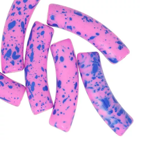32x8 mm curved tube beads in opaque acrylic - Fuchsia Mottled Blue x6