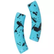 32x8mm Curved tube beads in opaque acrylic - Turquoise Mottled Black x6