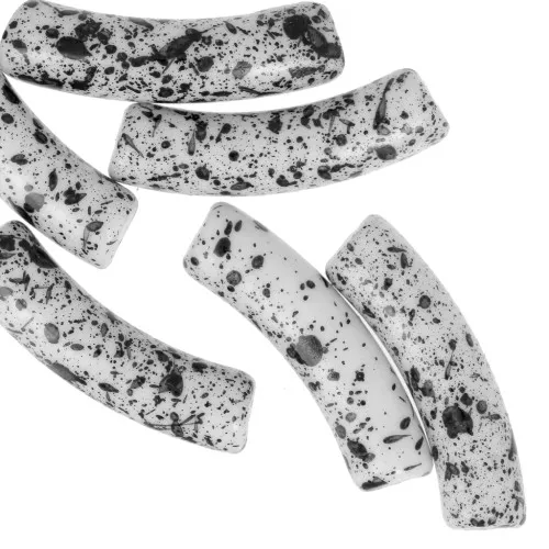32x8 mm curved tube beads in opaque acrylic - White Mottled Black x6